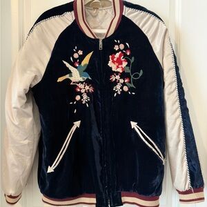 Free People Embroidered Navy and Cream Bomber Jacket